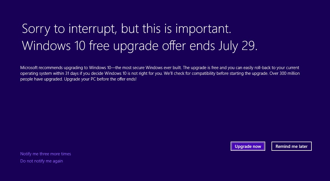 Microsoft развернула призыв установить Windows 10 на весь экран