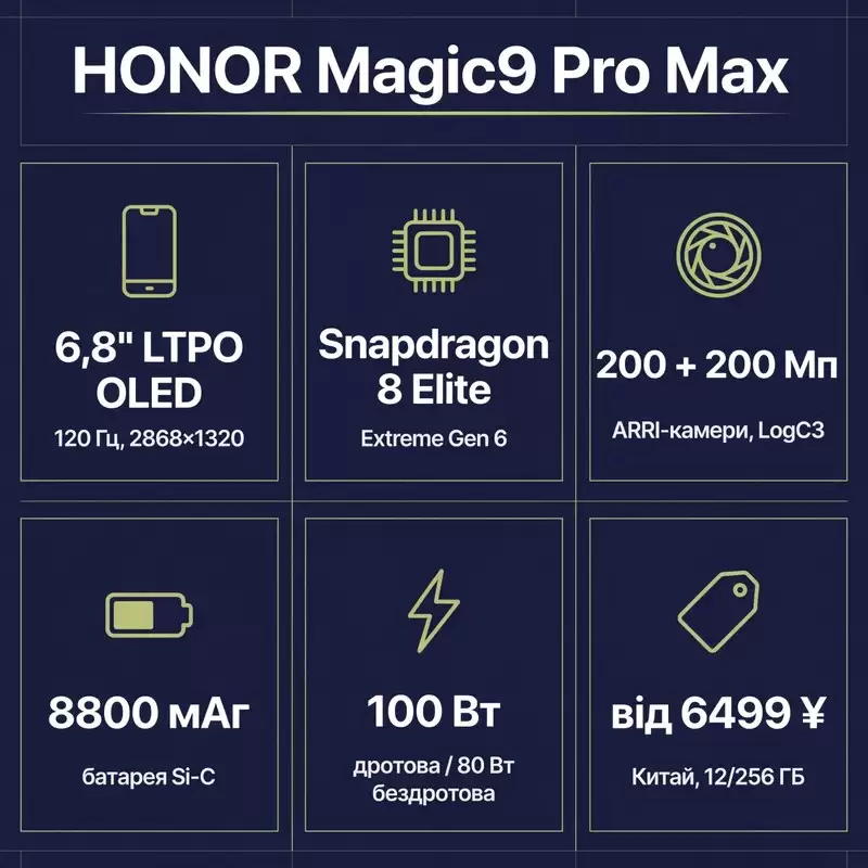 Інфографіка: ключові характеристики HONOR Magic9 Pro Max