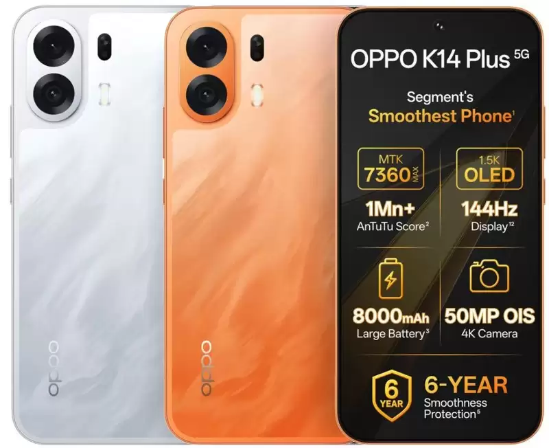 OPPO K14 Plus 5G у кольорах Solar Orange і Star White