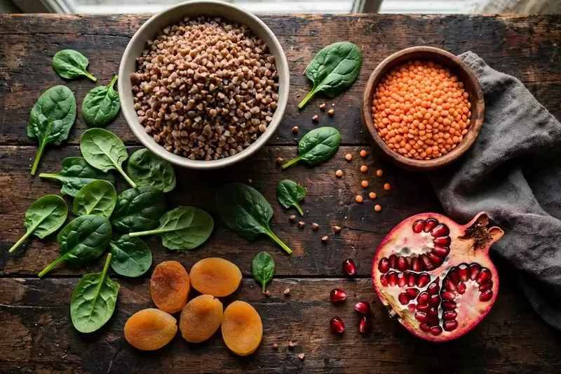 Продукти, багаті на залізо: гречка, шпинат, сочевиця, гранат